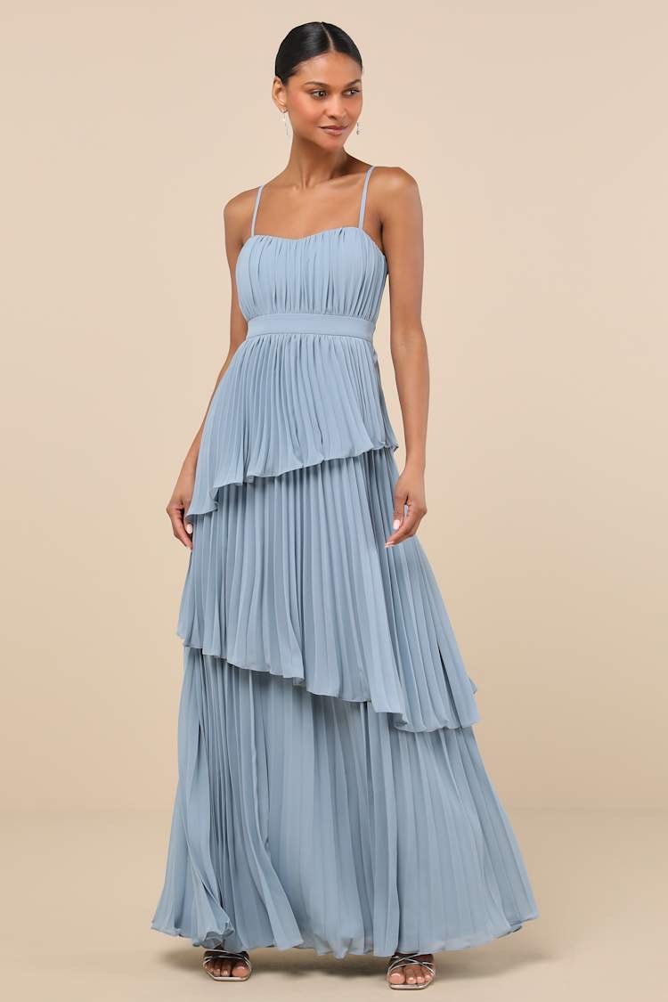 Nwt Lulus Jehona Dusty Blue Pleated Tiered Maxi Dress Bridesmaid Holiday Size Xs